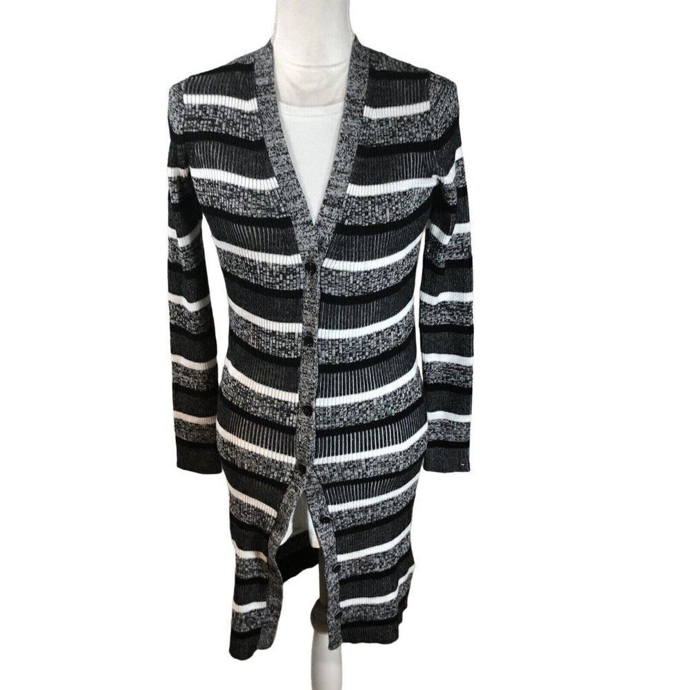 Tommy Hilfiger Long Black And White Sweater Cardigan XS Ribbed Stretch Button